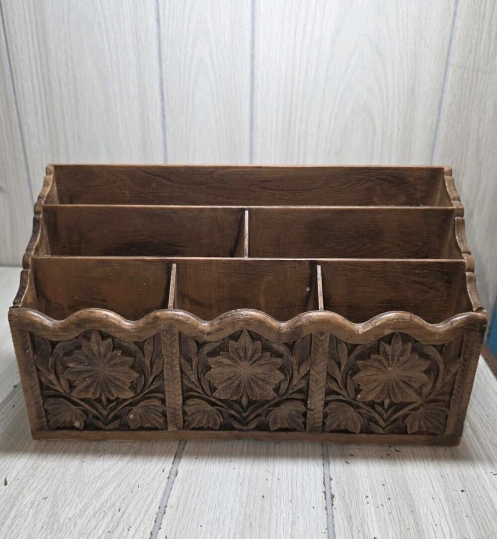 Vtg 70s LERNER Carved Faux Wood Letter Holder Mail Organizer Storage Caddy Desk